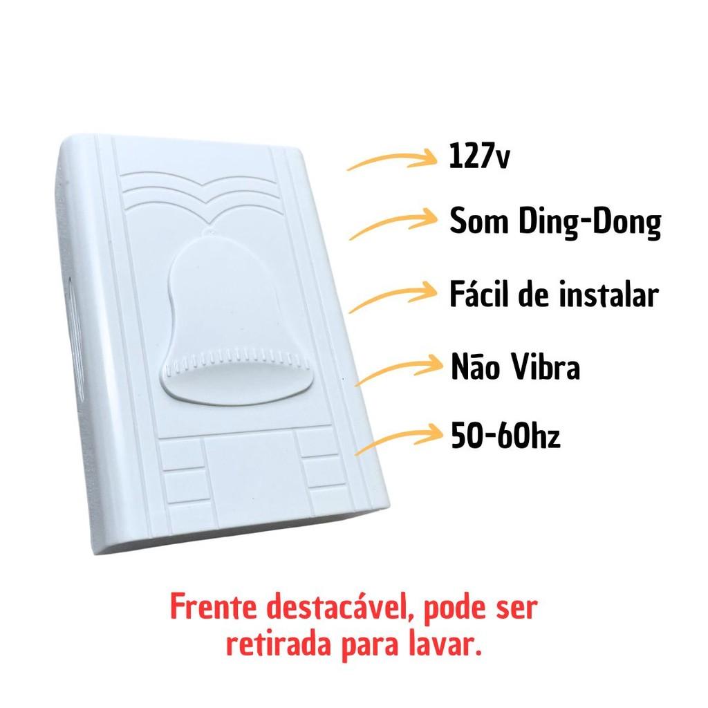 Campainha Residencial Som Ding Dong Musical Com Fio 127V Modelo Sino Branco Para Porta Dni