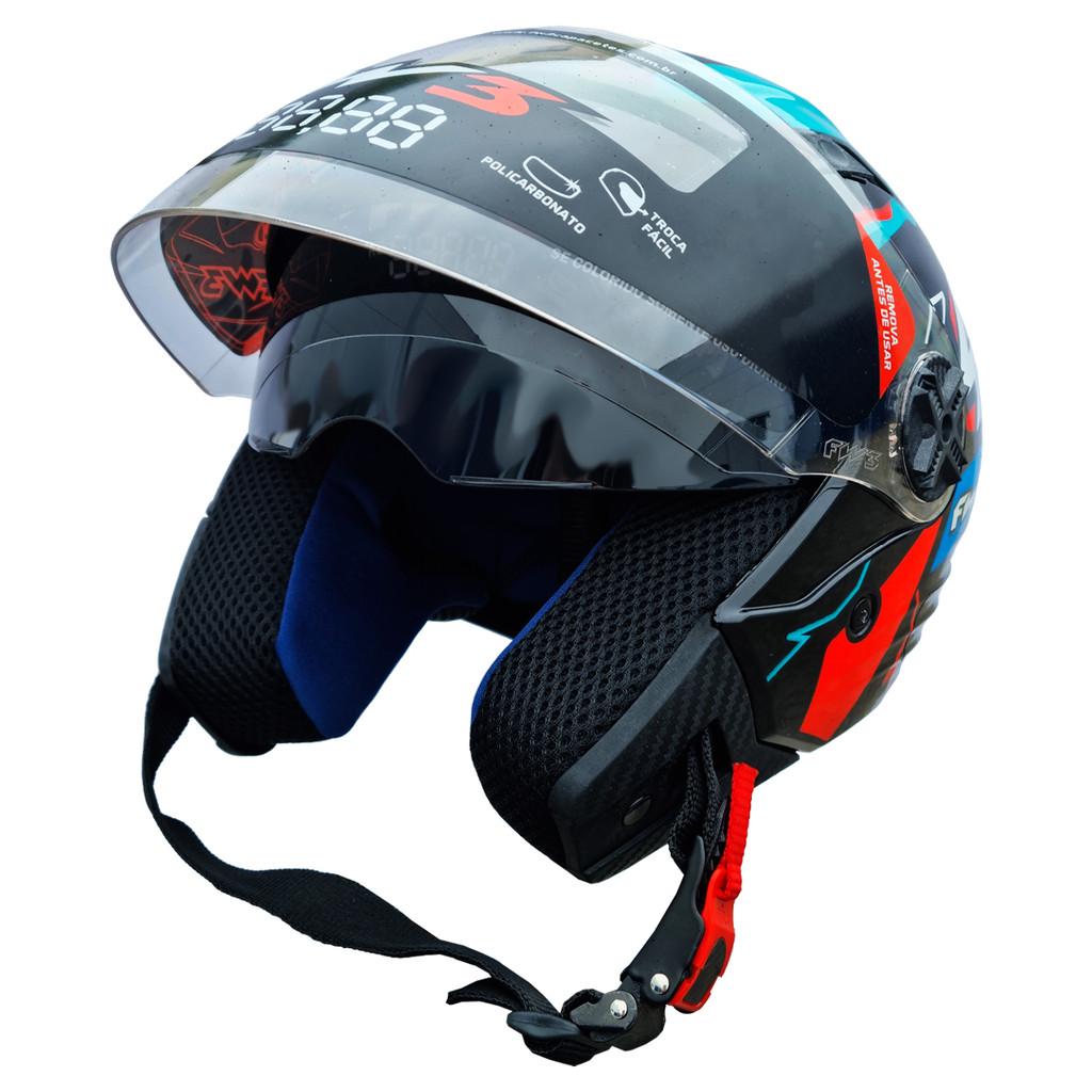 Capacete Fw3 X Open Up 43 Azul Vermelho Com Óculos Tamanhos