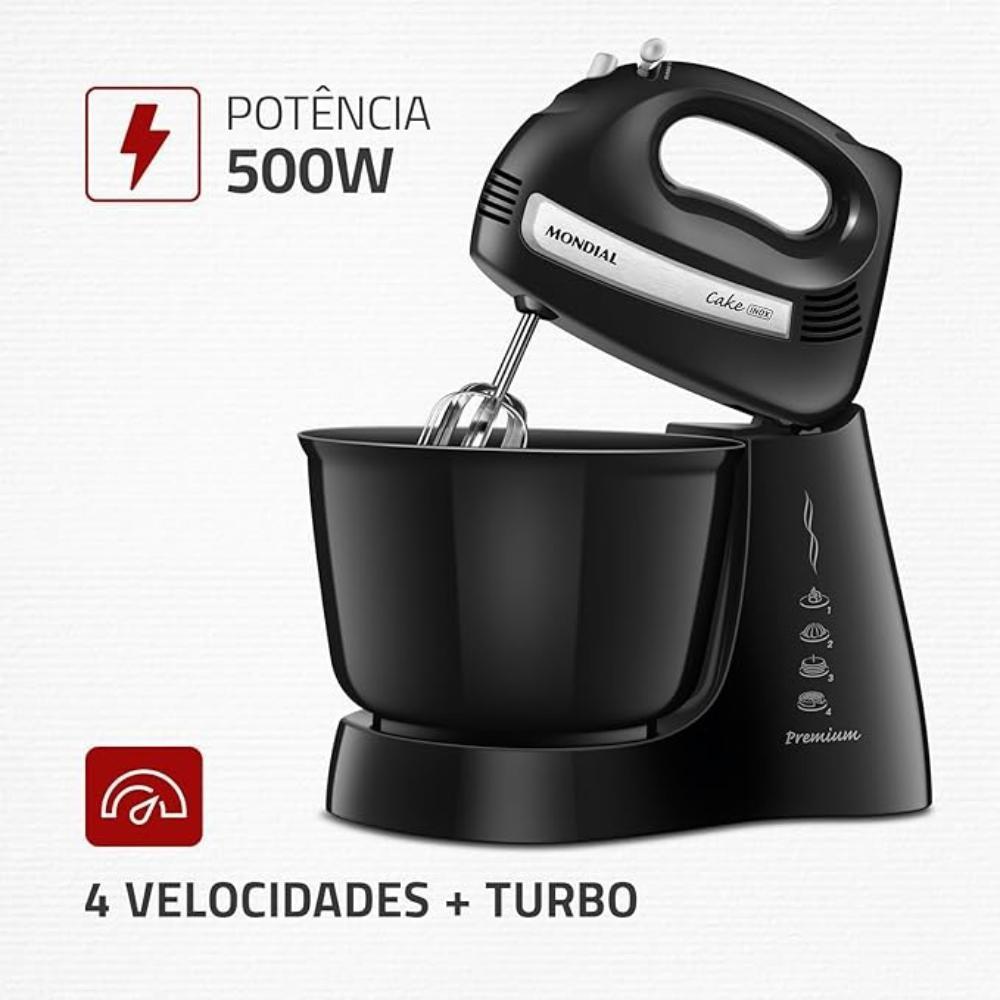 Batedeira Mondial Cake Premium 4 Velocidades + Turbo 500W Preto 127V - B-50-b