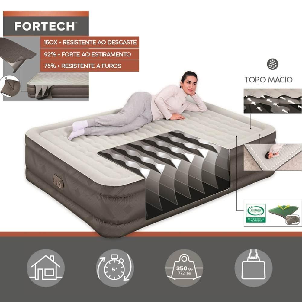 Cama Colchão Inflável Casal Até 350kg Fortech Queen Com Bomba Embutida + Bolsa Bestway