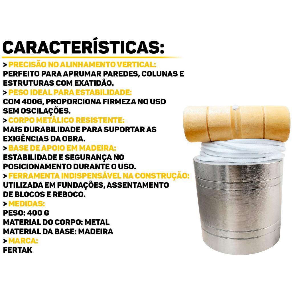 Prumo De Parede 400g Fertak Metal C/Apoio De Madeira P/Construção E Alvenaria Ferramenta Profissional