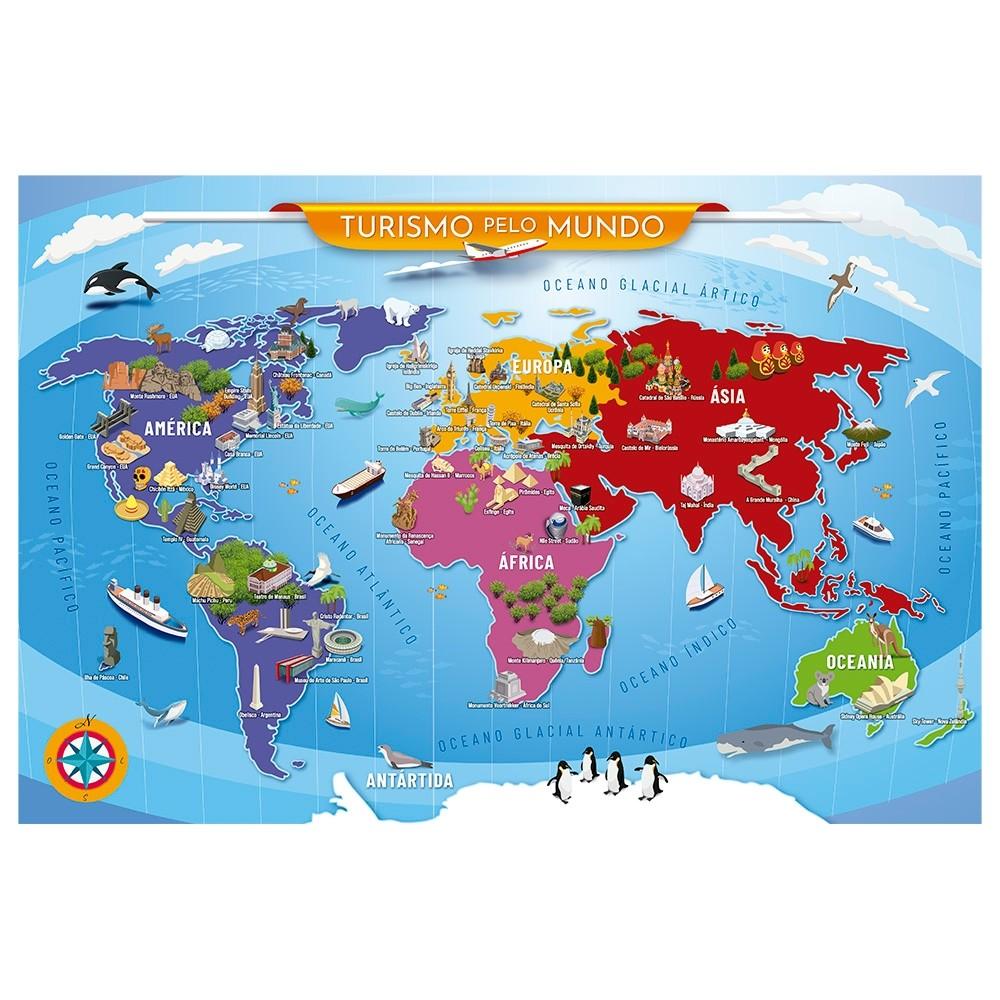 Quebra Cabeça Turismo Pelo Mundo 200 Peças Grow Puzzle Didático Geografia Países Pontos Turísticos