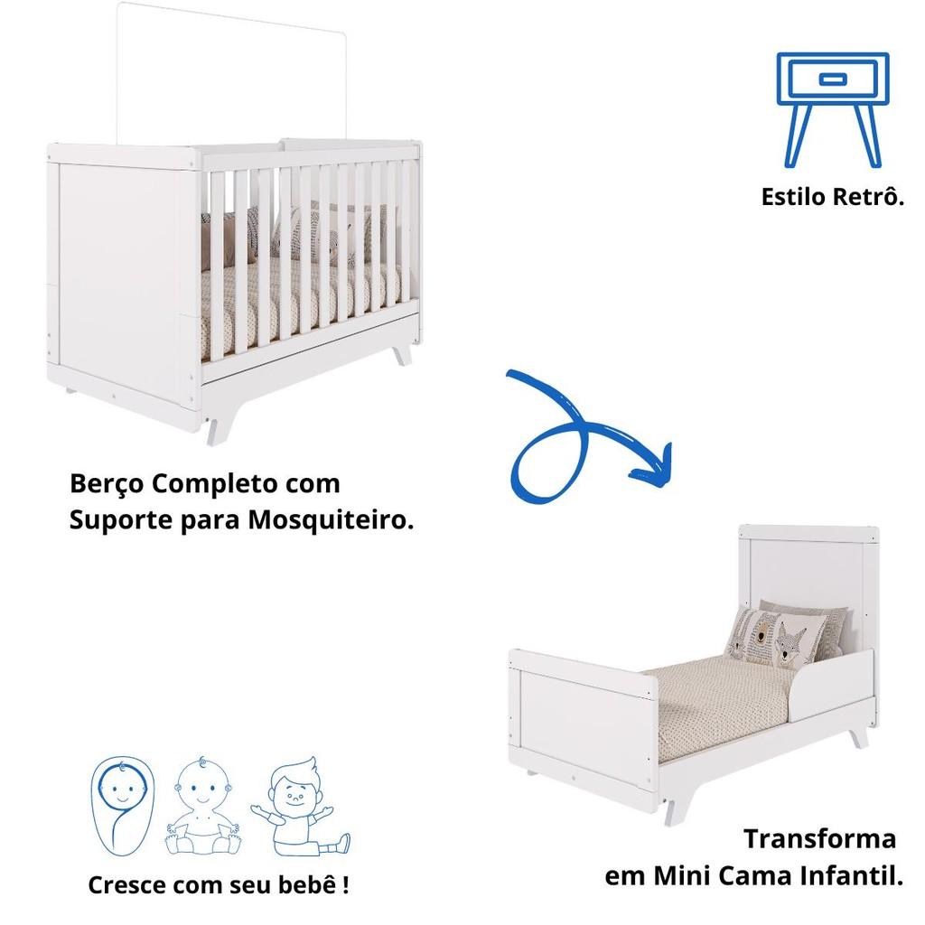 Quarto Bebê Retrô Janelado Completo 100 Mdf Guarda Roupa 4 Portas Berço Mini Cama Cômoda