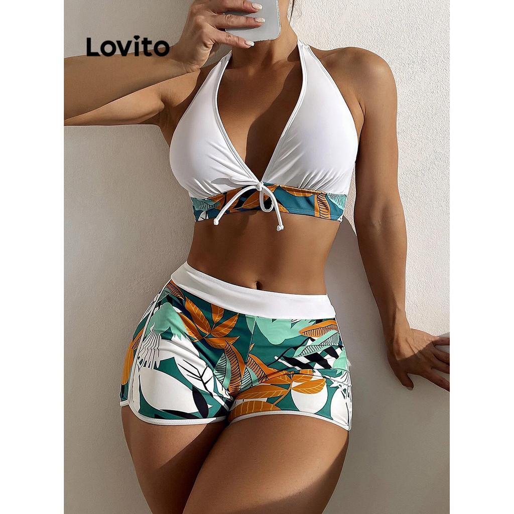 Lovito Férias Sexy Conjunto Feminino Biquíni Com Laço Estampa De Plantas (branco/verde/preto)