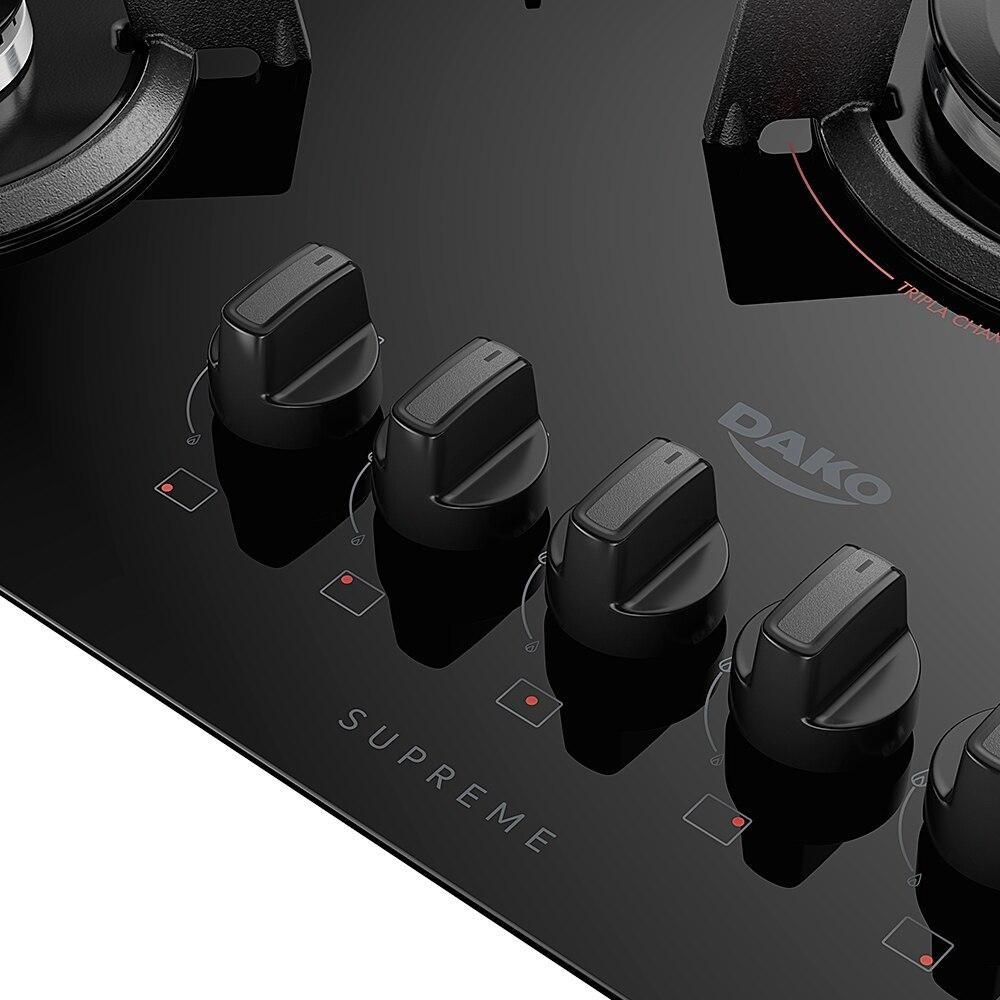 Cooktop Dako Supreme 5 Bocas Preto Vidro Temperado Tripla Chama Ferro Fundido Moderno