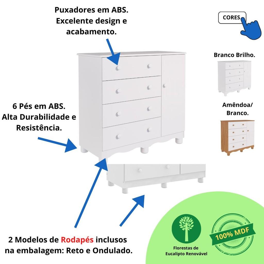 Quarto De Bebê Completo Guarda Roupa 2 Portas Cômoda 1 Porta 4 Gavetas 100 Mdf Junior