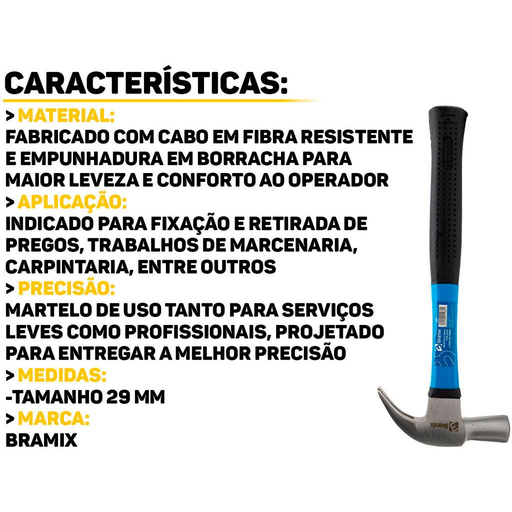 Martelo Tipo Unha Aço Forjado Com Cabo De Fibra De Vidro Emborrachado Profissional 29mm