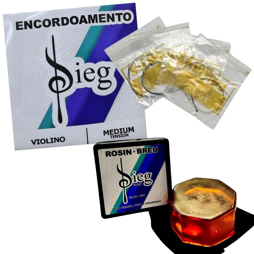 Kit Encordoamento Completo P/Violino - Sieg Medium -3/4 - 4/4 + Breu Sieg Rosin