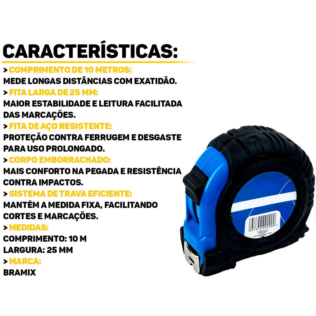 Trena Métrica Emborrachada 10m X 25mm Bramix Profissional Resistente P/Medição De Obras Construção De Longa Distância