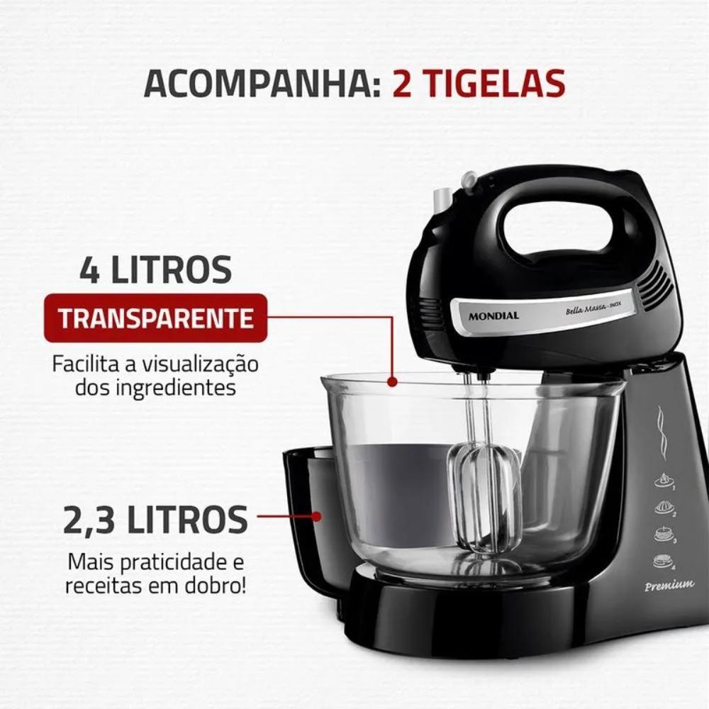 Batedeira Mondial Bella Massa 4 Velocidades + Turbo 500W Preto/inox 127V - B-23 Np