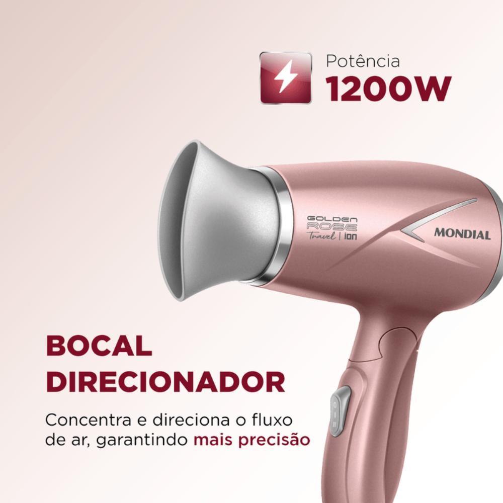 Secador De Cabelo Mondial Travel Golden Rose 2 Velocidades + 2 Temperaturas 1200w Bivolt Sc-47-gr