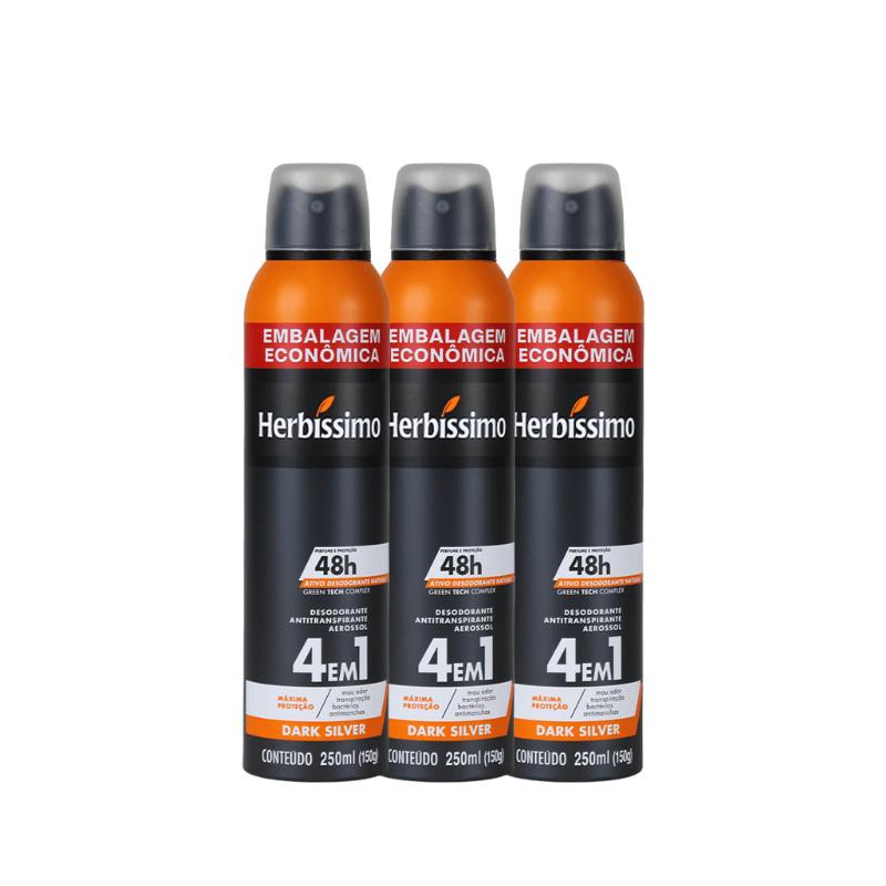 Kit Desodorante Antitranspirante Aerossol Herbíssimo Dark Silver 250ml Embalagem Econômica (3 Unidades)