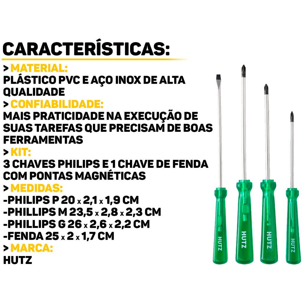 Jogo Chave De Fenda E Phillips Ponta Magnética Aço Carbono Profissional 4 Peças Hutz