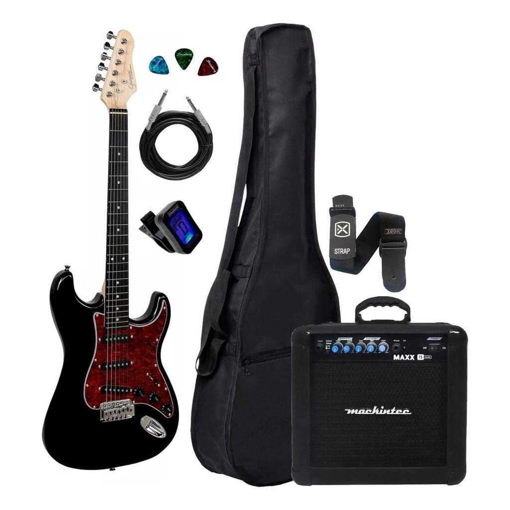 Kit Guitarra Giannini G-100 Bk/tt Preto Capa Cubo Acessórios