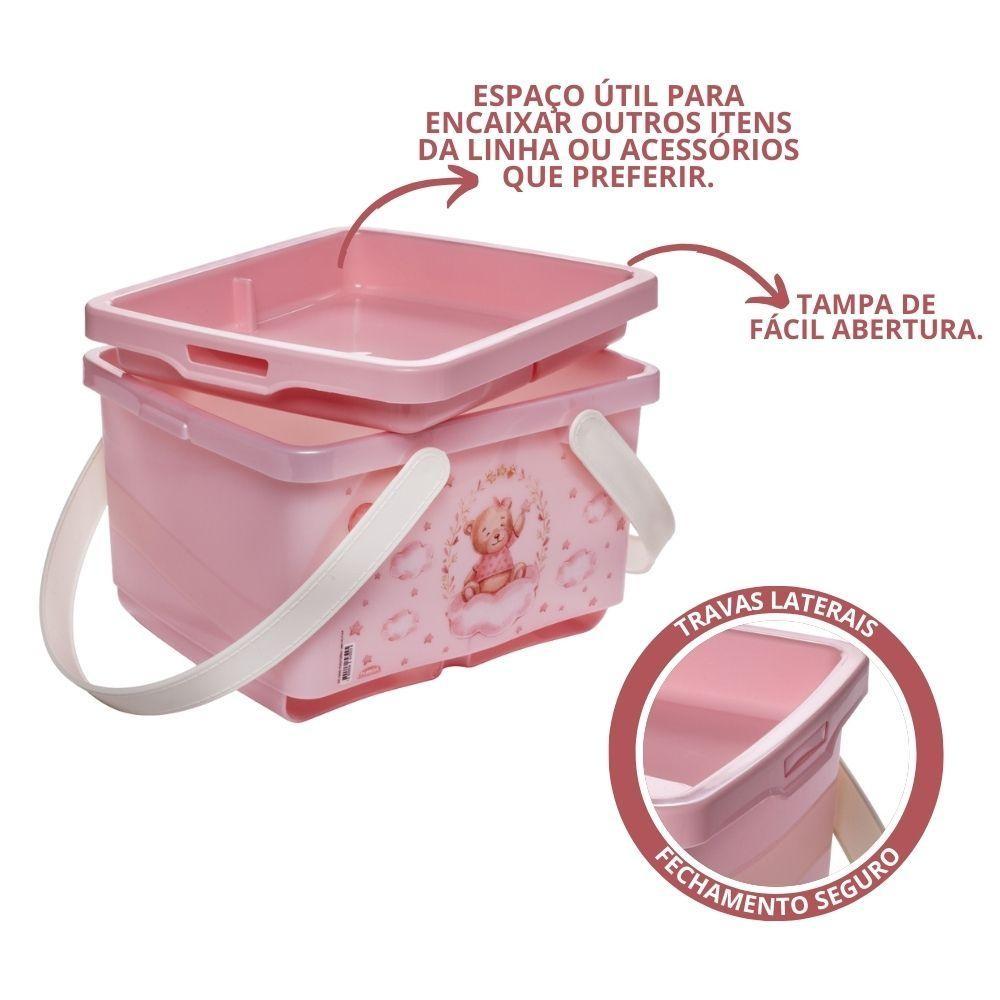 Kit Trocador Ursa Rosa 3 Peças Bebê Enxoval Lenço Fralda Caixa Plasútil