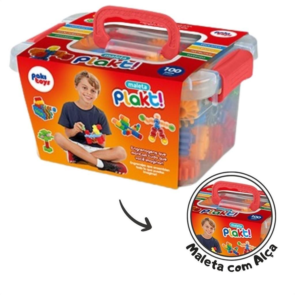 Maleta Com 100 Blocos De Montar Encaixe Colorido Pak Toys