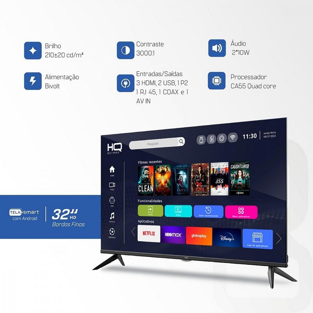 Smart TV LED 32 Polegadas Hq HD Hqstv32 Com Conversor Digital Externo 3 Hdmi 2 USB Wi-fi Android 11 Design Slim