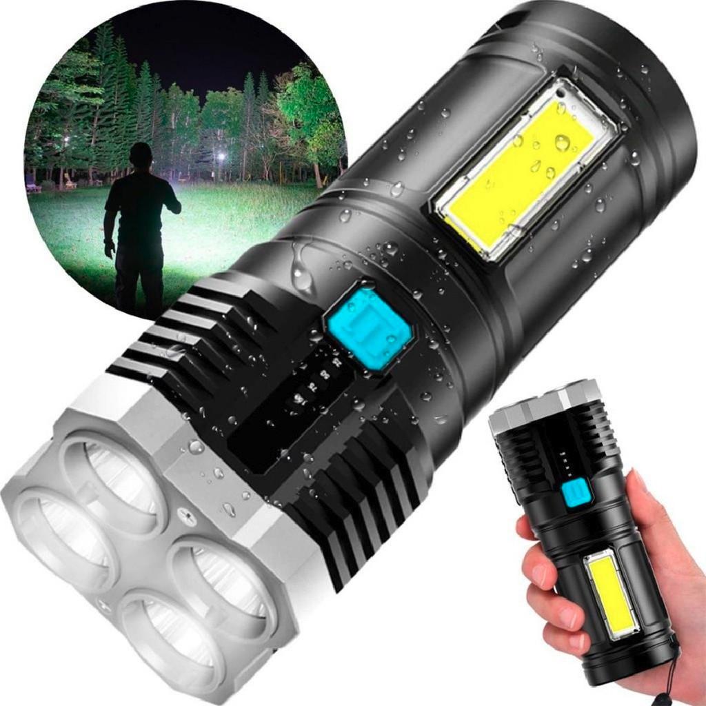 Super Lanterna LED Portátil Recarregável USB Resistente A Água Com Luz Lateral C/4 Leds