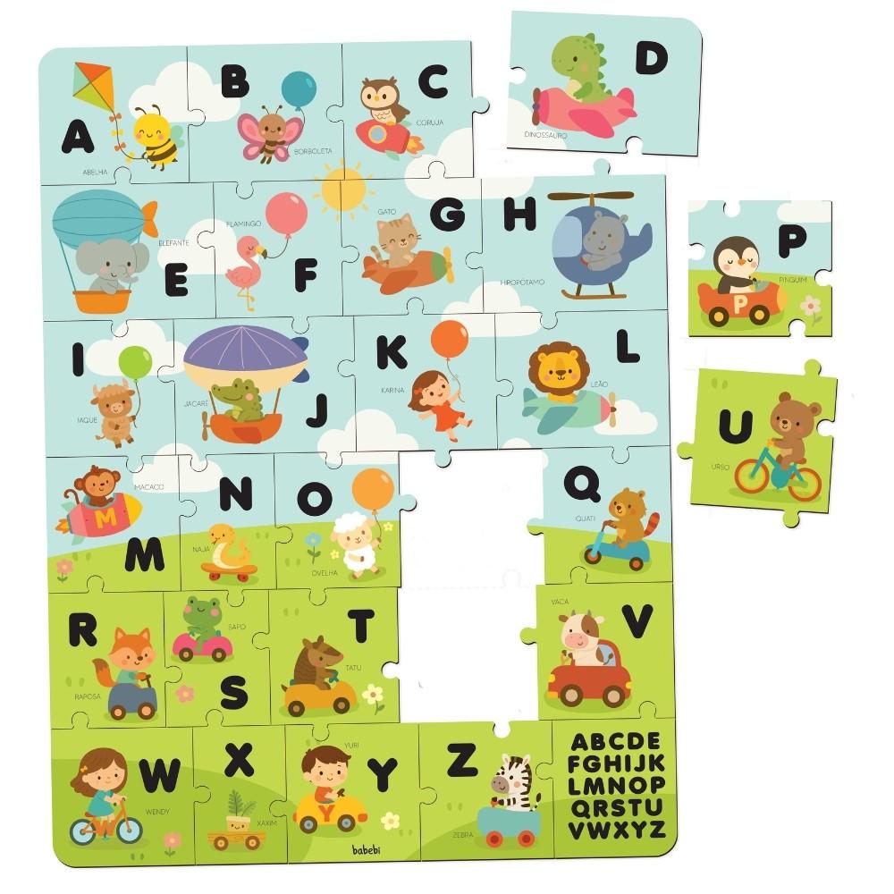 Quebra Cabeça Alfabeto Divertido Madeira Babebi Letras Lógico Jogo Educativo Animais Peças Abc Mdf