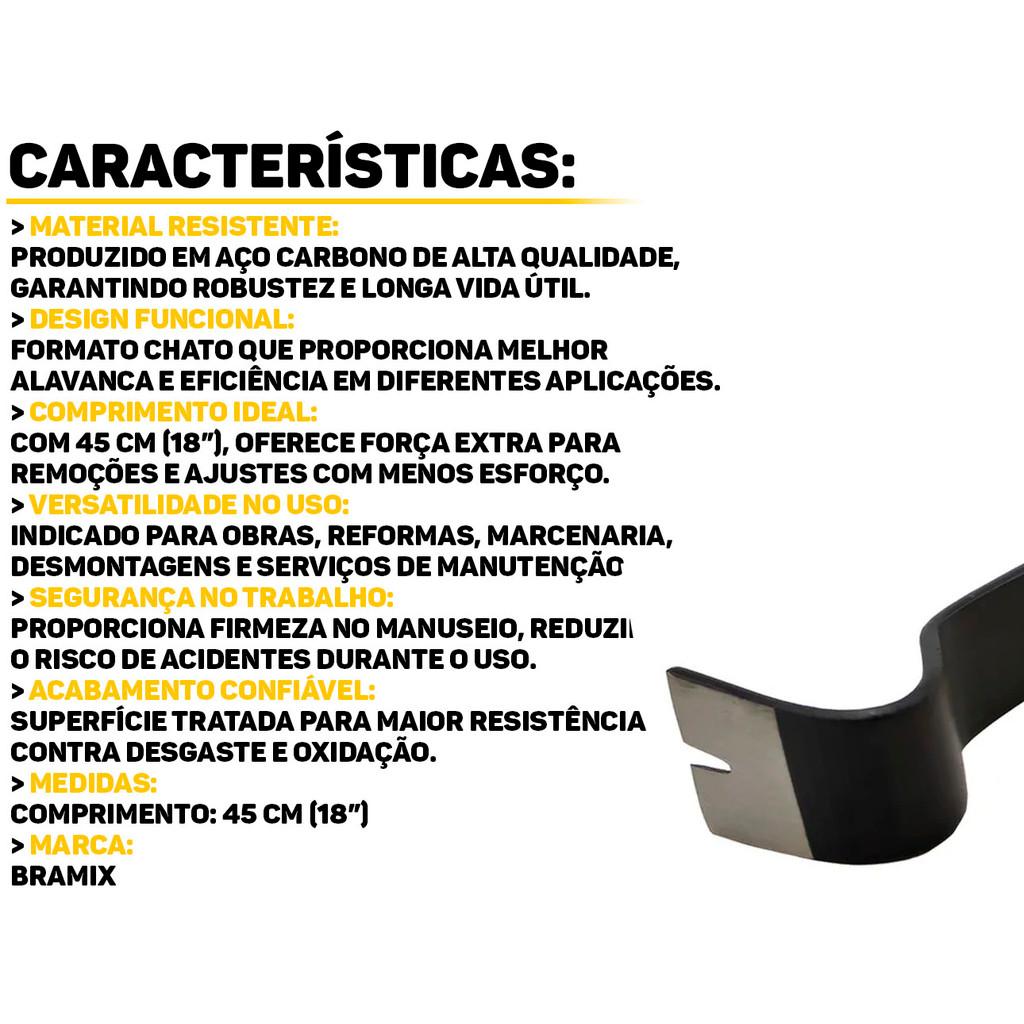 Pé De Cabra 45cm 18 Pol Ponta Chata E Curvada Aço Profissional Remove Pregos Abre Objetos Bramix