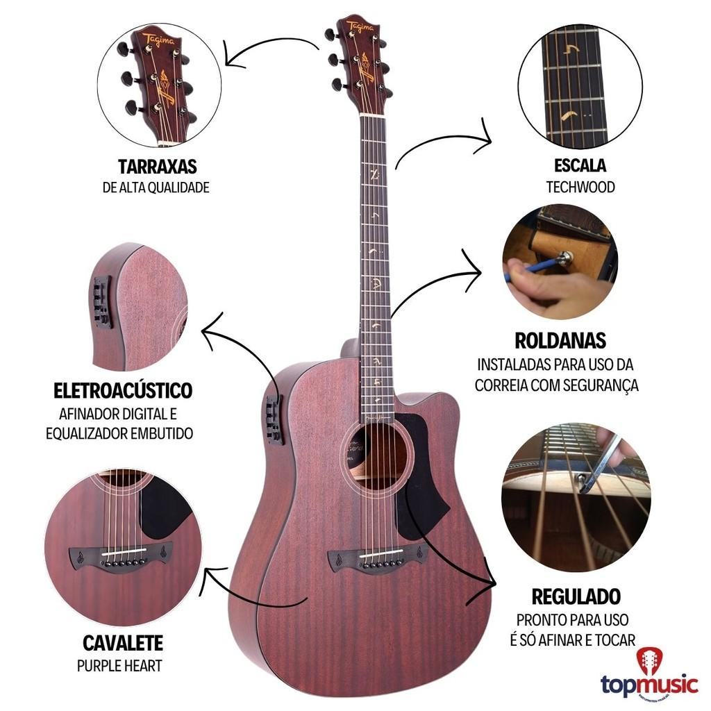 Kit Violão Elétrico Tagima Juninho Afram Gran Reserva Folk Aço + Acessórios
