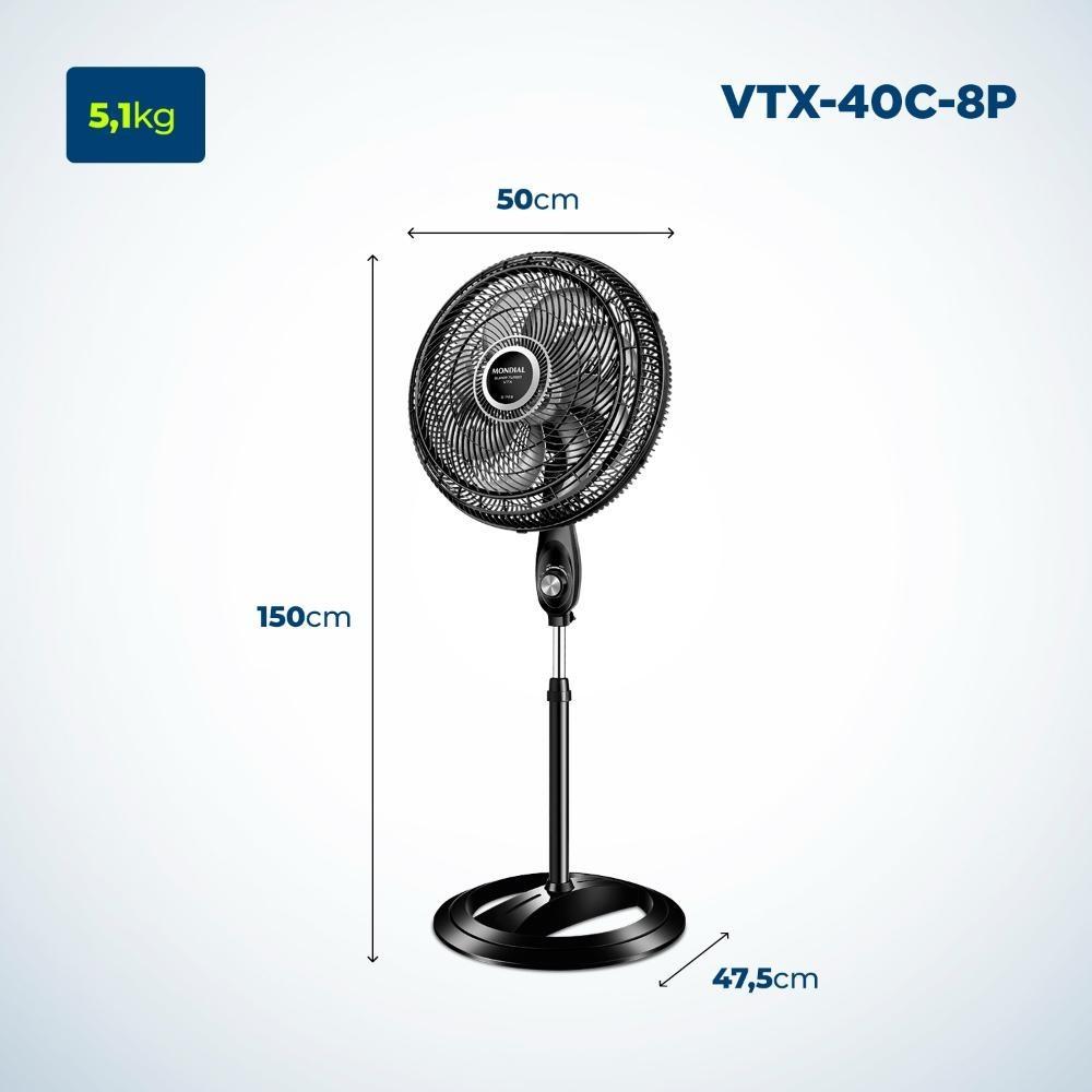 Ventilador De Coluna Mondial Super Turbo 8 Pás 40cm 127v Preto Prata Vtx-40c-8p