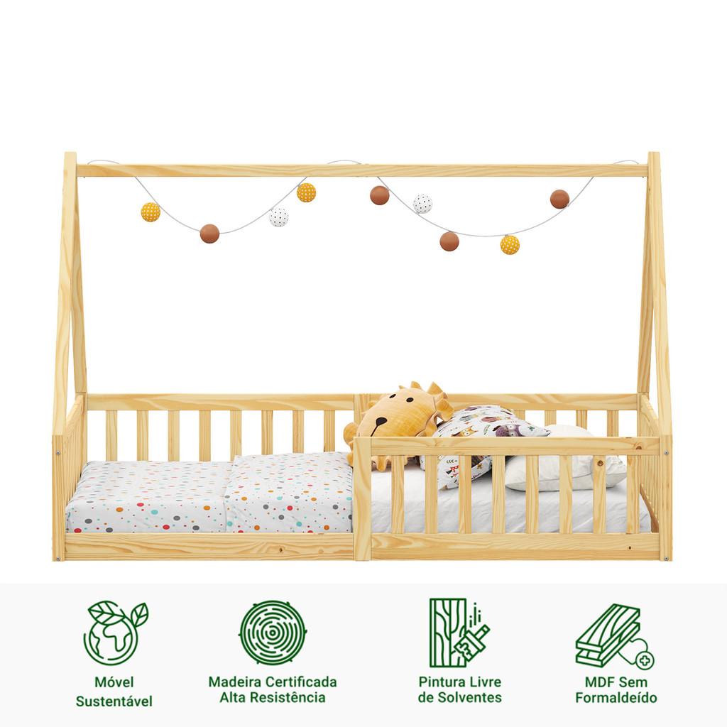 Cama Infantil Montessoriana Solteiro Madeira Casinha De Chão Nicolas Natural