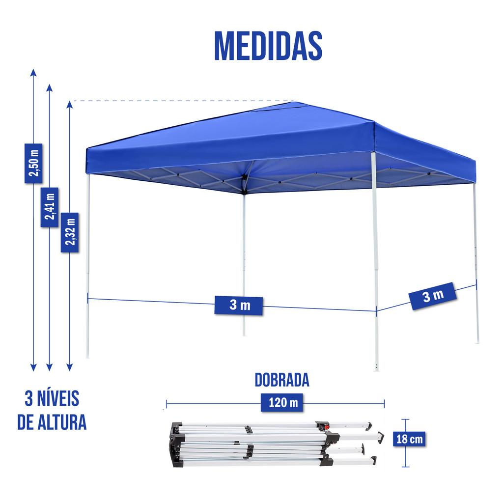 Tenda Gazebo Sanfonada 3x3 Dobrável Reforçada Impermeável Para Camping Eventos Feira Praia Com Bolsa Transporte Azul