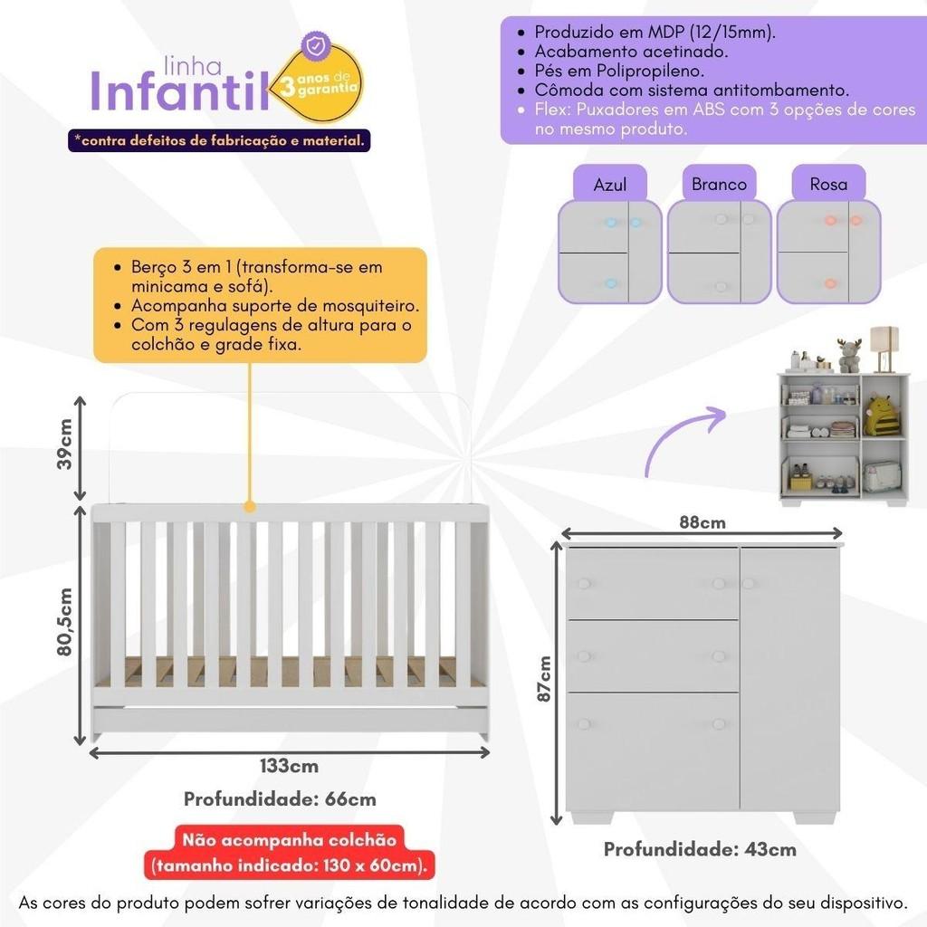 Quarto Infantil Com Berço 3 Em 1 E Cômoda Algodão Doce Multimóveis