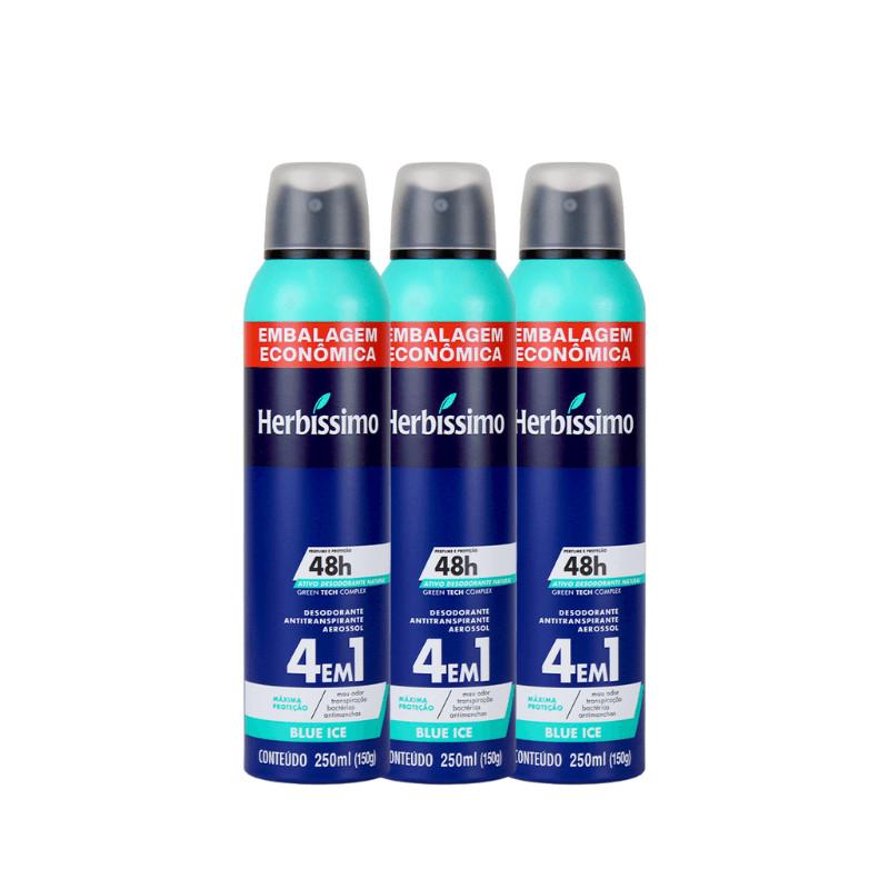 Kit Desodorante Antitranspirante Aerossol Herbíssimo Blue Ice 250ml Embalagem Econômica (3 Unidades)