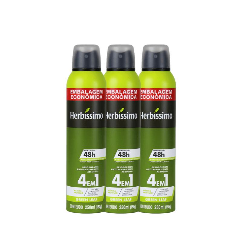 Kit Desodorante Antitranspirante Aerossol Herbíssimo Green Leaf 250ml Embalagem Econômica (3 Unidades)
