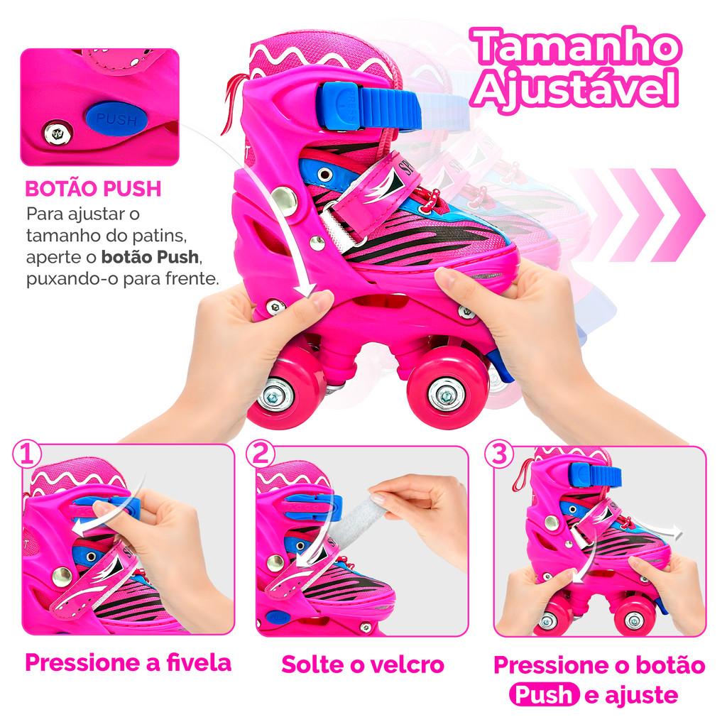 Patins Infantil Roller Quad 4 Rodas Ajustável + Kit Proteção