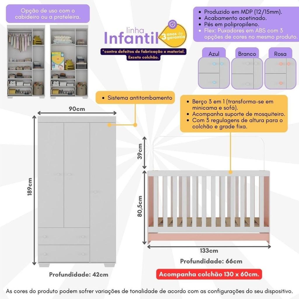 Quarto Infantil Com Berço Colchão Incluso E Guarda-roupas Algodão Doce Multimóveis