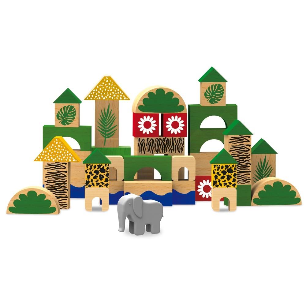 Jogo Brincando De Engenheiro Blocos De Montar Selva 70 Peças Xalingo Madeira Reflorestada Construção