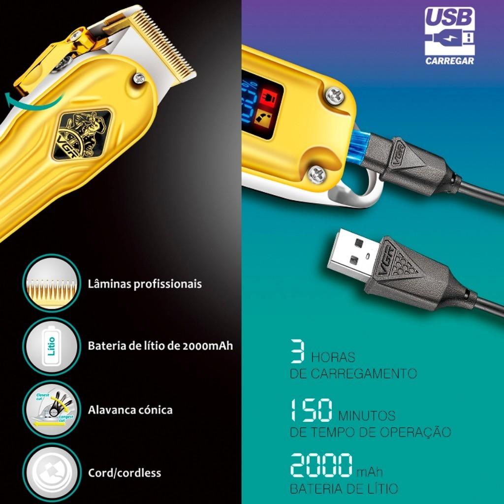 Cortador De Cabelo Profissional Vgr Oiv-267 Bivolt Prateado 6 Pentes Cabelo Barba Barbeiro Sem Fio