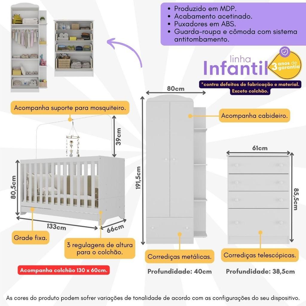 Quarto Infantil Completo C/Berço 3x1 E Colchão Incluso Multimóveis João E Maria Bco/colorido
