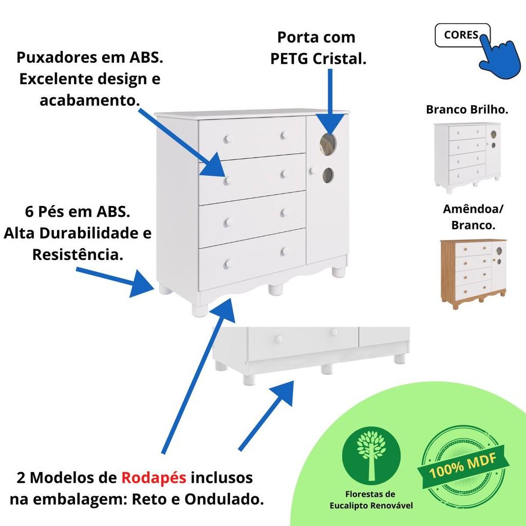 Quarto De Bebê Completo Guarda Roupa 4 Portas Cômoda 1 Porta 4 Gavetas 100 Mdf Bolinha
