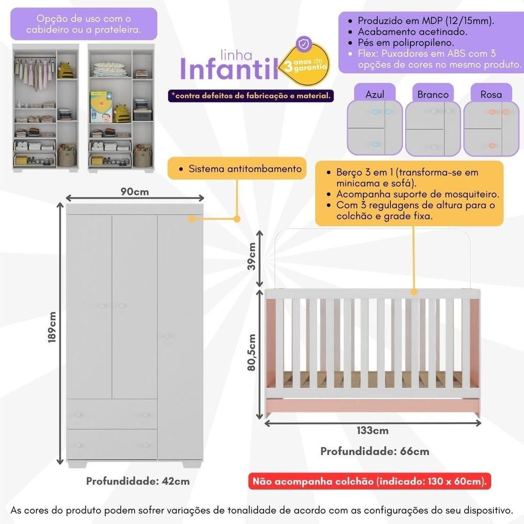 Quarto Infantil Com Berço 3 Em 1 E Guarda-roupas Algodão Doce Multimóveis