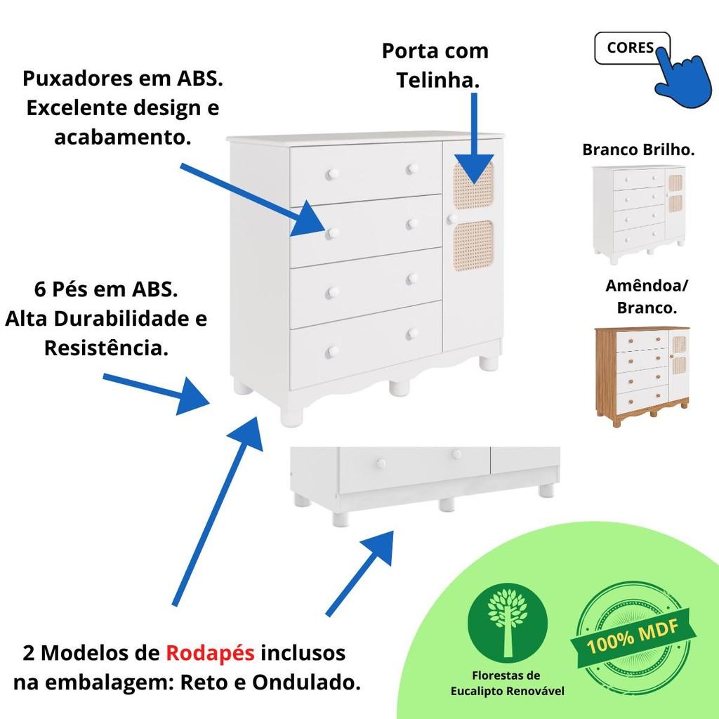 Quarto De Bebê Completo Guarda Roupas 3 Portas Cômoda 1 Porta 4 Gavetas 100 Mdf Telinha