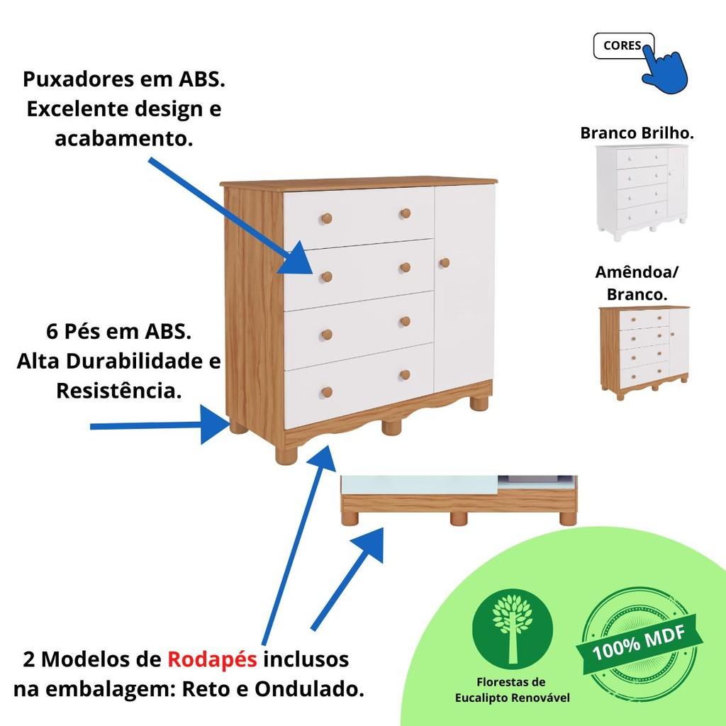 Quarto De Bebê Completo Guarda Roupas 3 Portas Cômoda 1 Porta 4 Gavetas 100 Mdf Junior