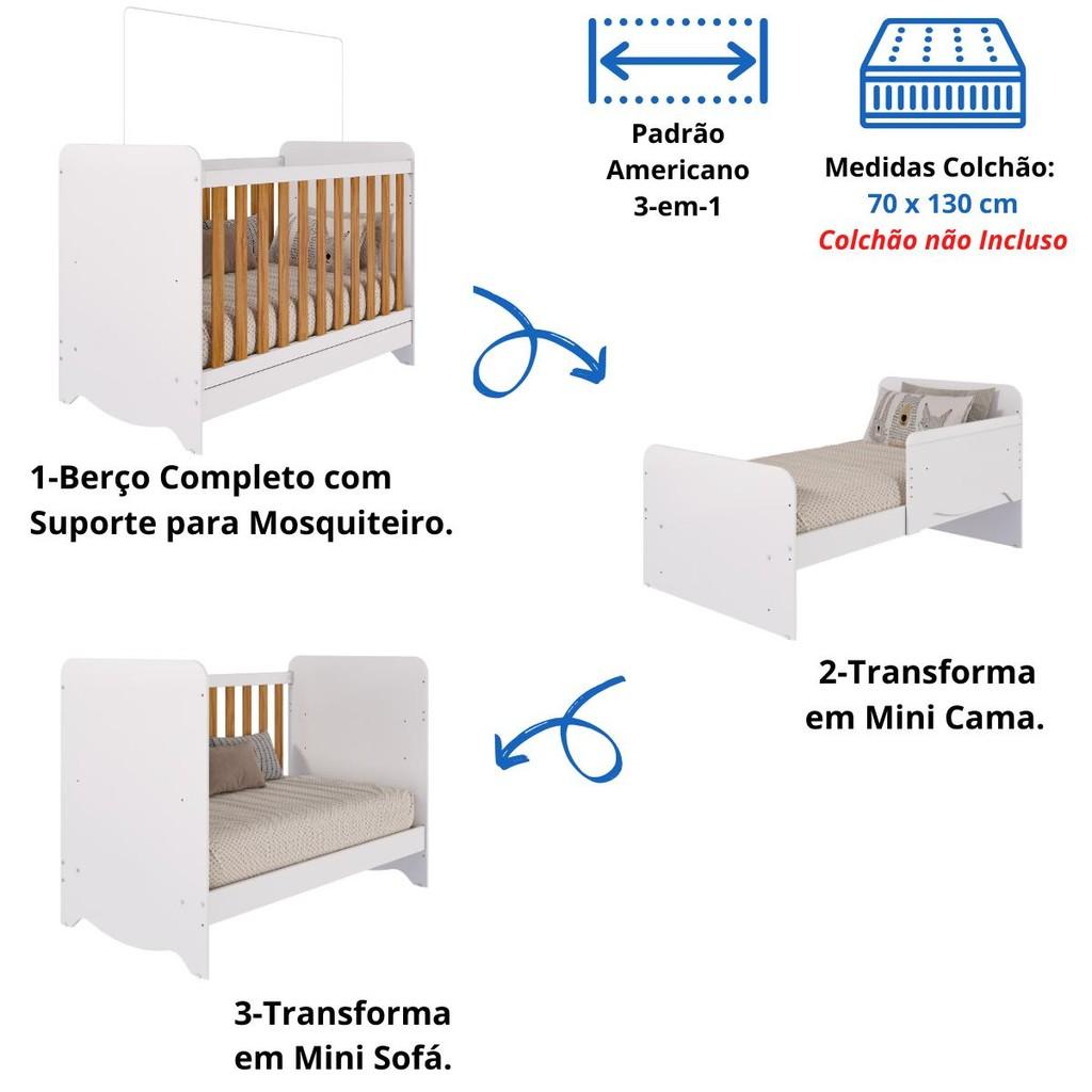 Quarto Bebê Completo Berço Americano Ben 3 Em 1 Guarda Roupas 2 Portas Cômoda Uli 100 Mdf