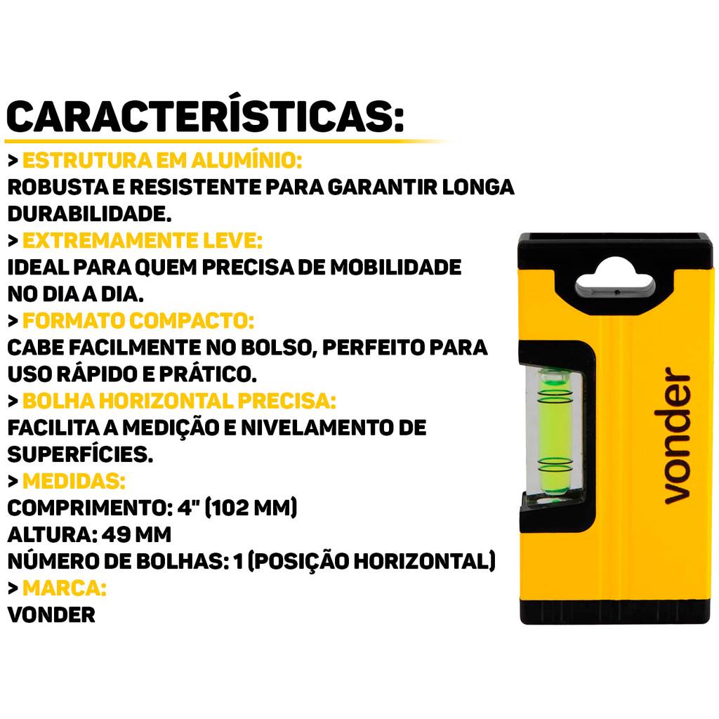 Nível De Bolso Portátil 10cm Alumínio Bolha Horizontal 4 Polegadas Medição Nivelamento Vonder