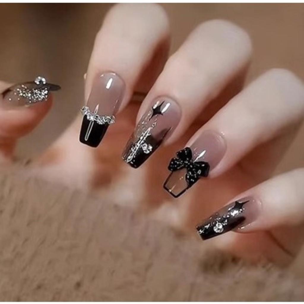 Unhas C/cola Postiça Decorada Glitter Bailarina Quadrada Amendoada Francesinha Pintada Unha