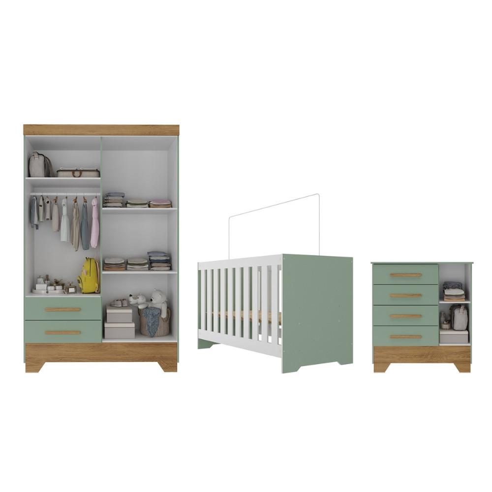 Quarto De Bebê Completo Guarda Roupa Cômoda E Berço 3 Em 1 Catavento Maya Rodial