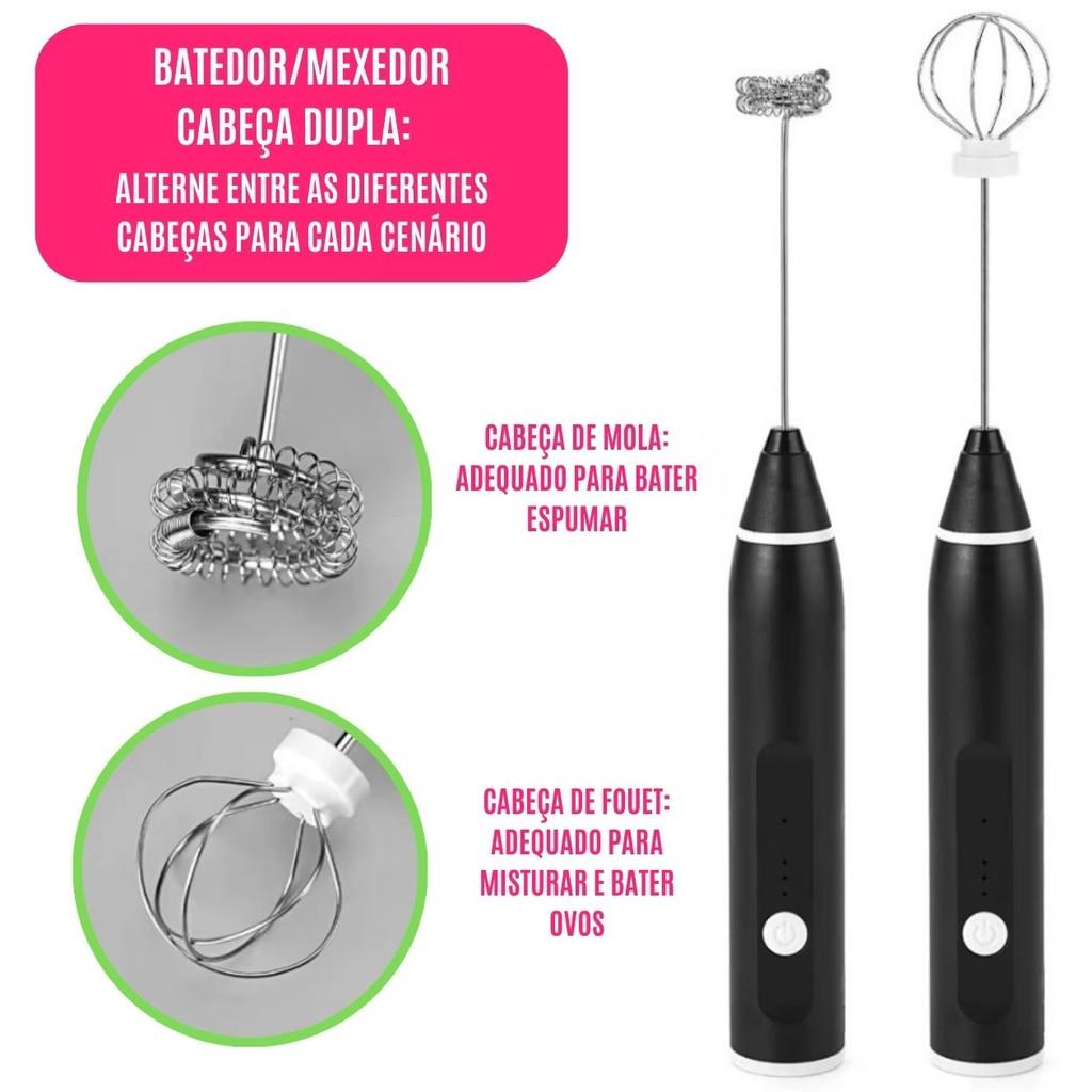 Mixer Elétrico Portátil 2 Em 1 Batedor P/Leite Ovos 3 Velocidades USB Tipo-c Espumador Recarregável Cozinha Utensílio
