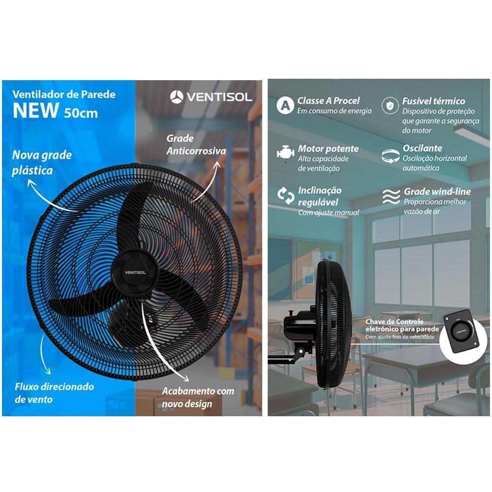 Ventilador De Parede Preto 50cm New 130W 110V Ventisol