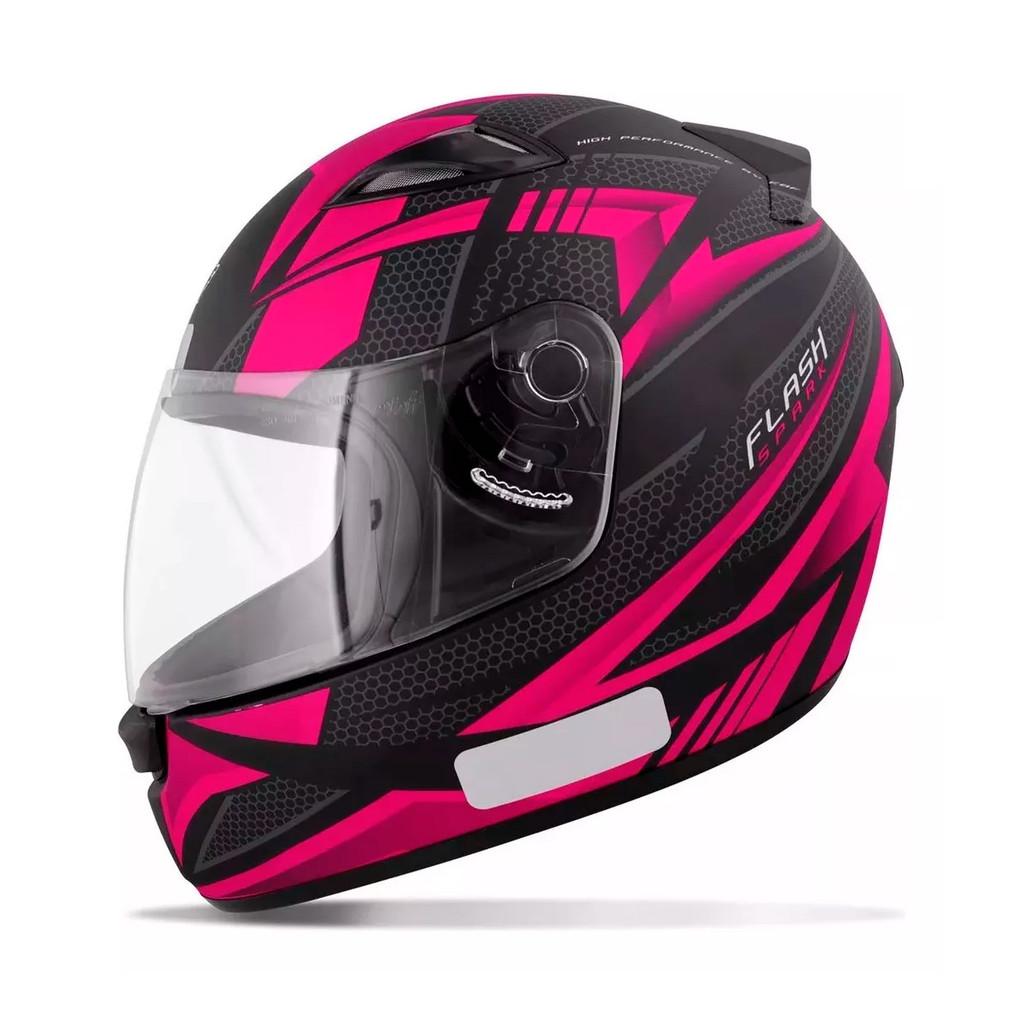 Capacete Moto Fechado Spark Flash Viseira Cristal Preto Fosco C/Rosa Inmetro - Ebf