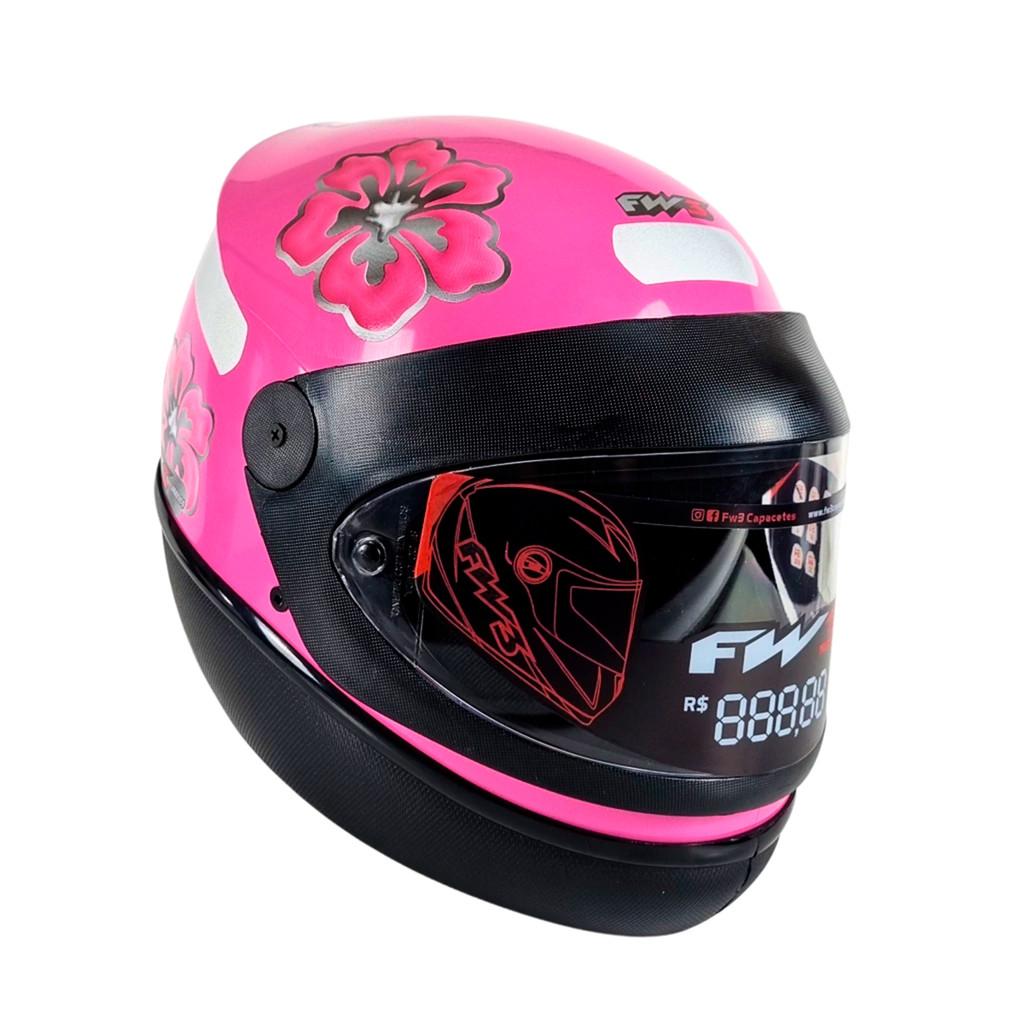 Capacete Fechado Com Narigueira Para Moto Viseira Transparente Automatic Rosa Com Flores Tamanho 58 - FW3