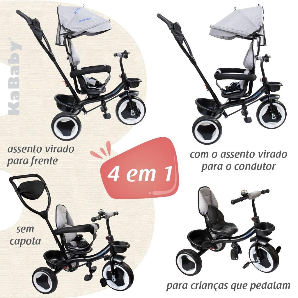 Triciclo Infantil 4 Em 1 Multifuncional Carrinho De Bebê Com Pedal Empurrador Capota Solar E 2 Cestas Até 15kg - Kababy