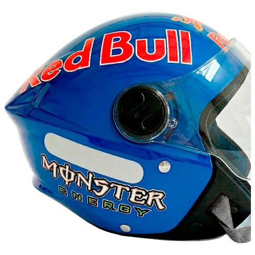 Capacete Aberto Moto Liberty New Three Personalizado Monster Red Bull Com Viseira Cristal